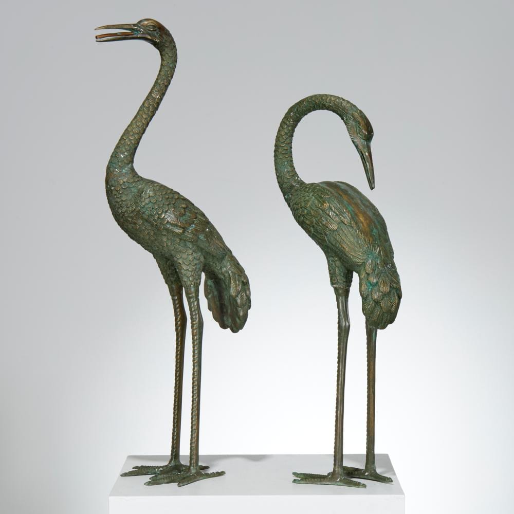 Pair verdigris bronze fountain cranes sold by Millea Bros Ltd, lot 2197 — auction record photograph