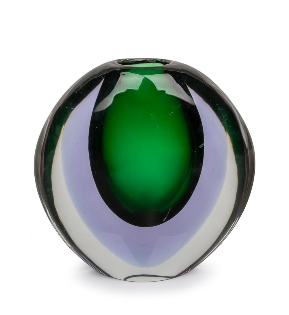 antonio da ros 1936 2012 green and lilac sommerso murano glass vase for cenedese circa 1960 20 5cm high · Leski Auctions Pty Ltd · 2026-02-25 Antonio Da Ros comparable auction result: antonio da ros 1936 2012 green and lilac sommerso murano glass vase for cenedese circa 1960 20 5cm high