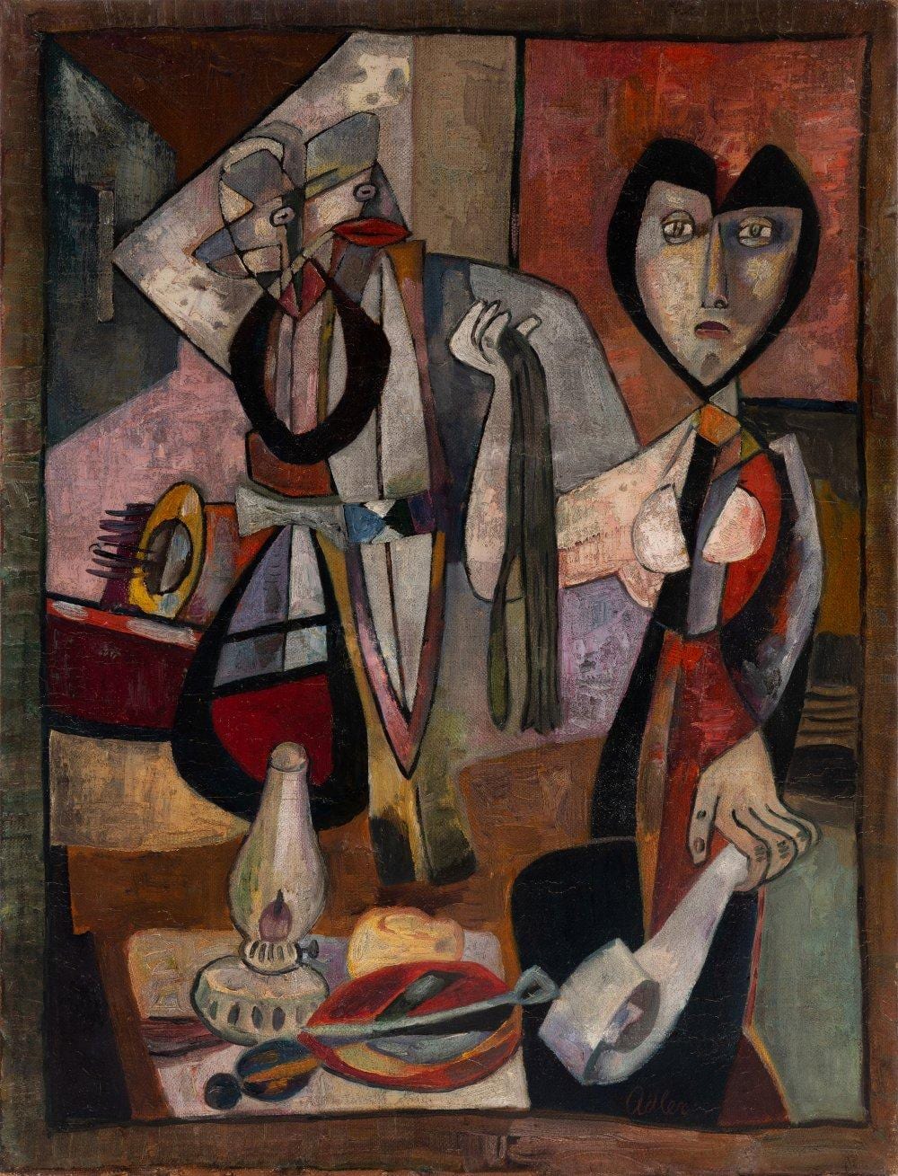 Jankel Adler comparable auction result: jankel adler tuszyn poland 1895 aldbourne uk 1949 interior with figures oil on canvas burlap signed on the lower right