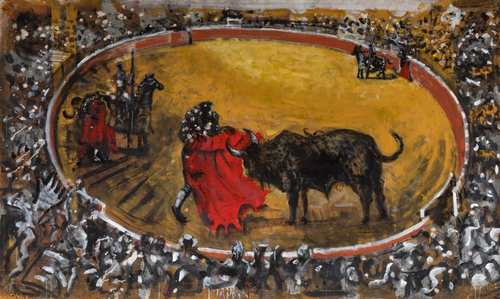 Xano Armenter comparable auction result: xano armenter 1956 bullring mixed media oil acrylic and touch of wood on canvas no stretcher frame signed in the lower right area signed dated and titled on the back