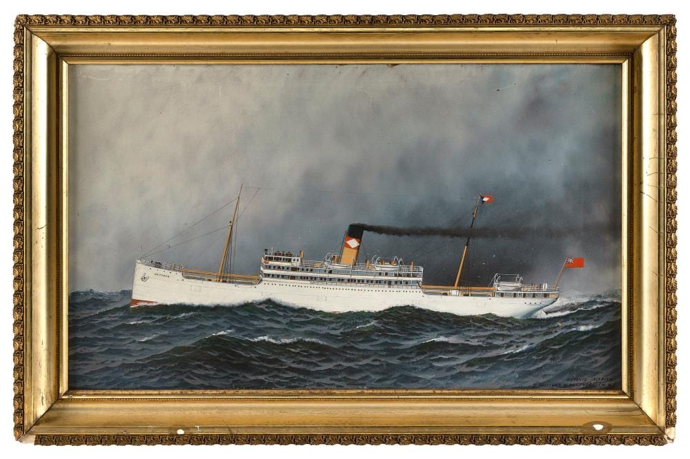 Antonio Nicolo Gasparo Jacobsen comparable auction result: antonio nicolo gasparo jacobsen new york new jersey denmark 1850 1921 the steamship metapan oil on board 18 x 30 framed 22 5 x 34 5