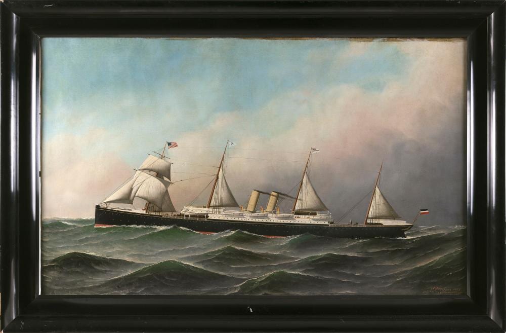 Antonio Nicolo Gasparo Jacobsen comparable auction result: antonio nicolo gasparo jacobsen new york new jersey denmark 1850 1921 ship underway oil on canvas 30 x 50 framed 37 x 57