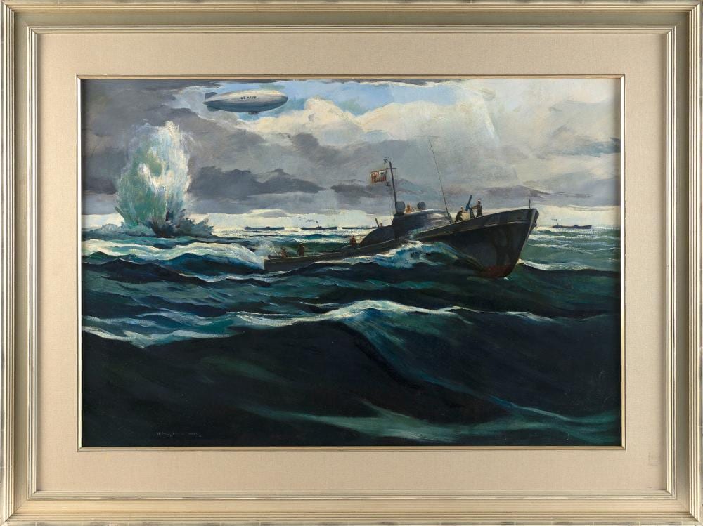 William Goadby Lawrence comparable auction result: william goadby lawrence new york maine 1913 2002 patrol boat in pursuit and a u boat being depth charged by a u s blimp oil on panel 23 5 x 34 framed 34 x 43 75