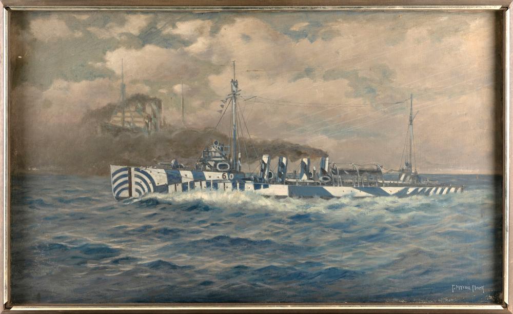 C. Myron Clark comparable auction result: c myron clark massachusetts 1858 1925 navy vessel in dazzle camouflage putting up a smoke screen oil on canvas 21 x 36 framed 22 x 37