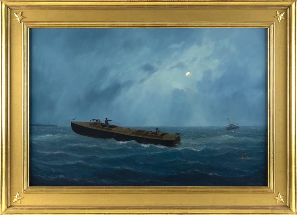 William Robert Davis comparable auction result: william r davis massachusetts 1952 rum runner and the cursed moon oil on board 24 x 36 framed 31 5 x 43 5