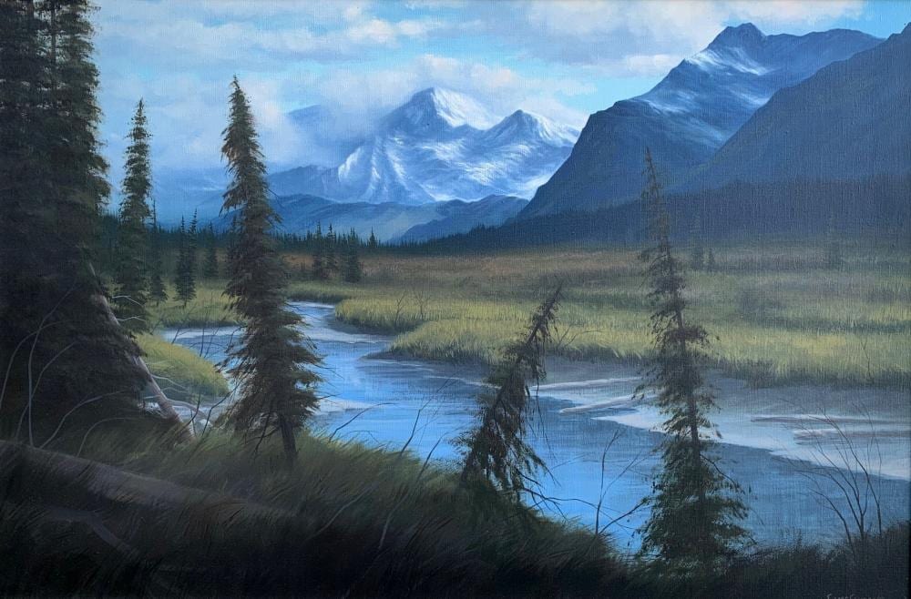 Chris MacClure comparable auction result: chris macclure river in mountain landscape