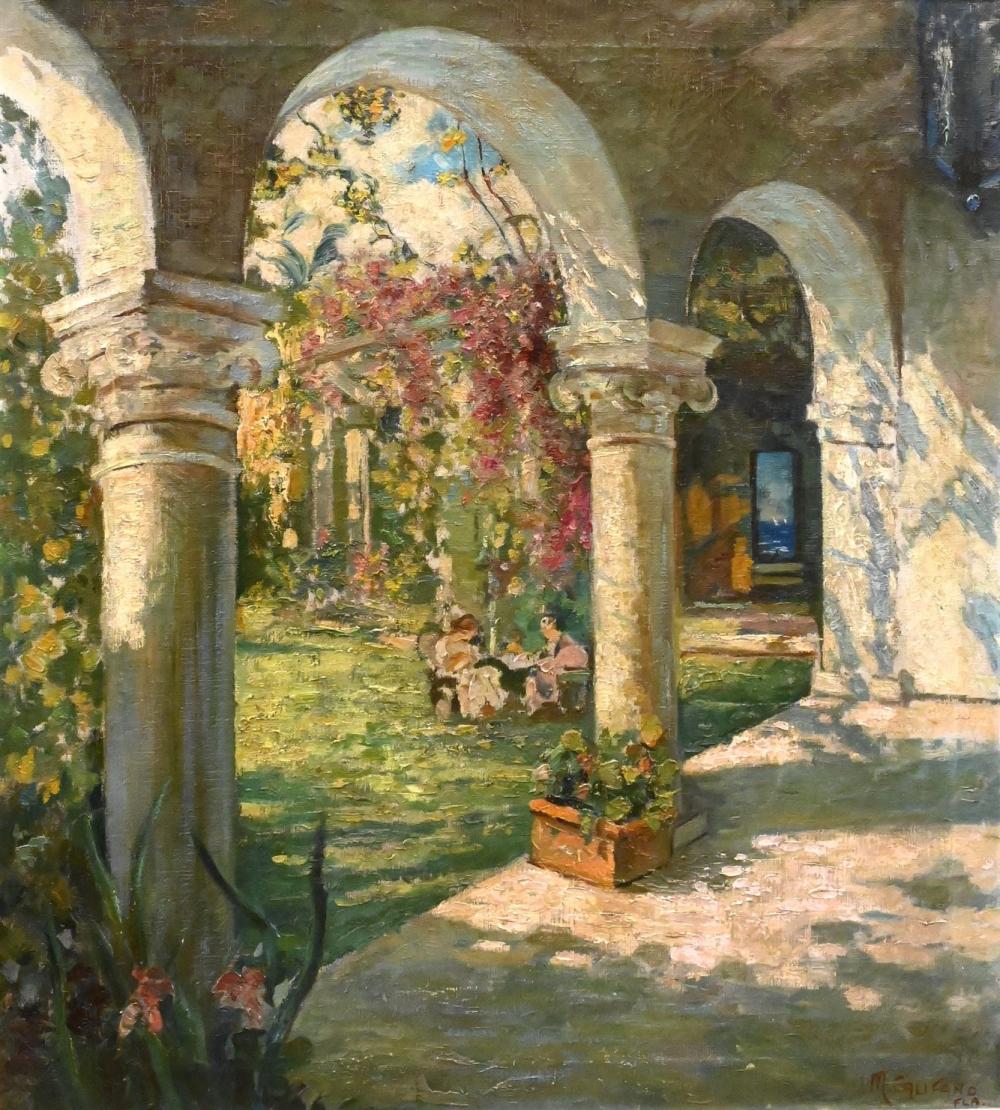 Michael Califano comparable auction result: michael califano italian american 1890 1979 courtyard garden scene with two seated ladies oil on canvas signed lower right m califano fla 30 x 27 36 x 33 frame
