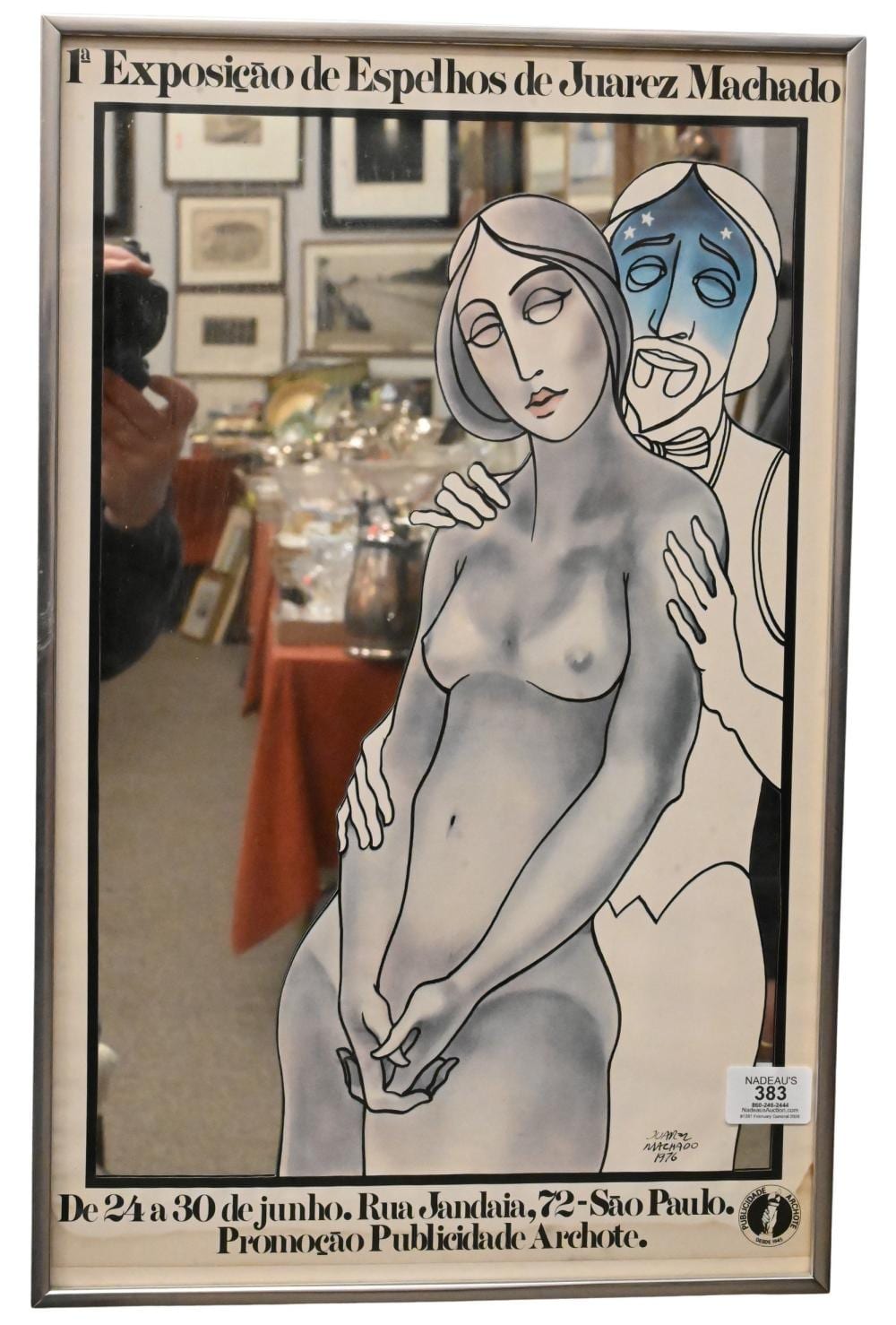 juarez machado brazilian b 1941 exhibition of mirrors 1976 mixed media mirror advertisement poster signed and dated lower right juarez machado 1976 22 x 14 · Nadeau's Auction Gallery · 2026-02-21 Juarez Machado comparable auction result: juarez machado brazilian b 1941 exhibition of mirrors 1976 mixed media mirror advertisement poster signed and dated lower right juarez machado 1976 22 x 14