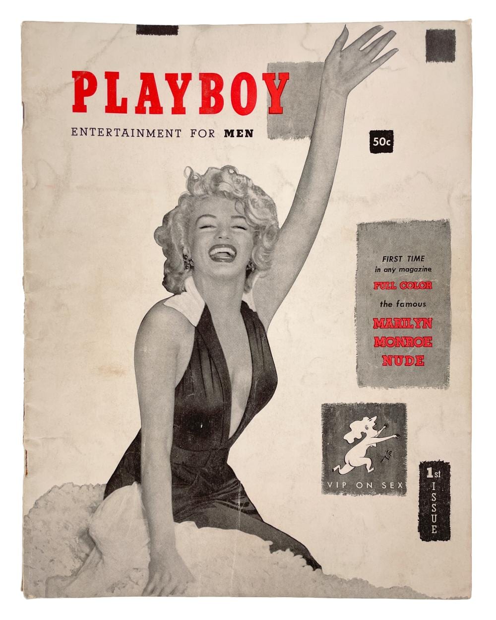 Vintage PLAYBOY magazine cover with Marilyn Monroe in a black dress, arms raised, and red “PLAYBOY” title.