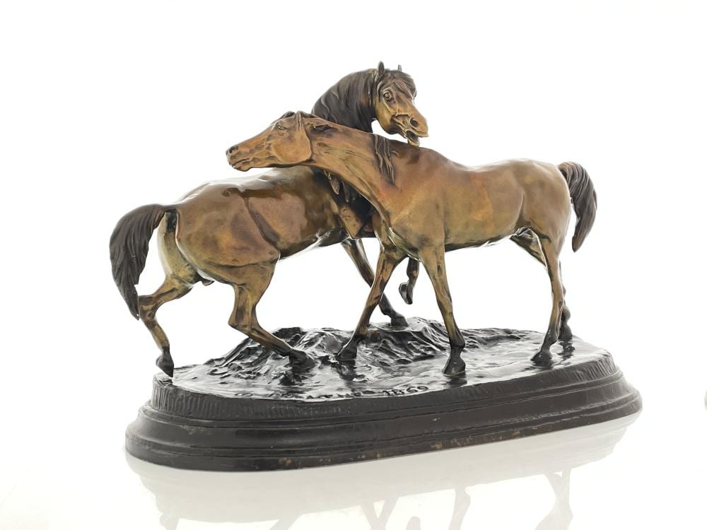 Bronze-style sculpture of two horses rearing on a dark base, shown in profile against a white background.