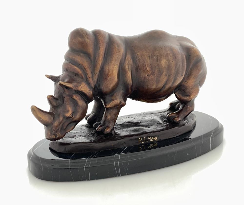 Bronze rhinoceros sculpture on a dark marble base, shown in side view on a white background.