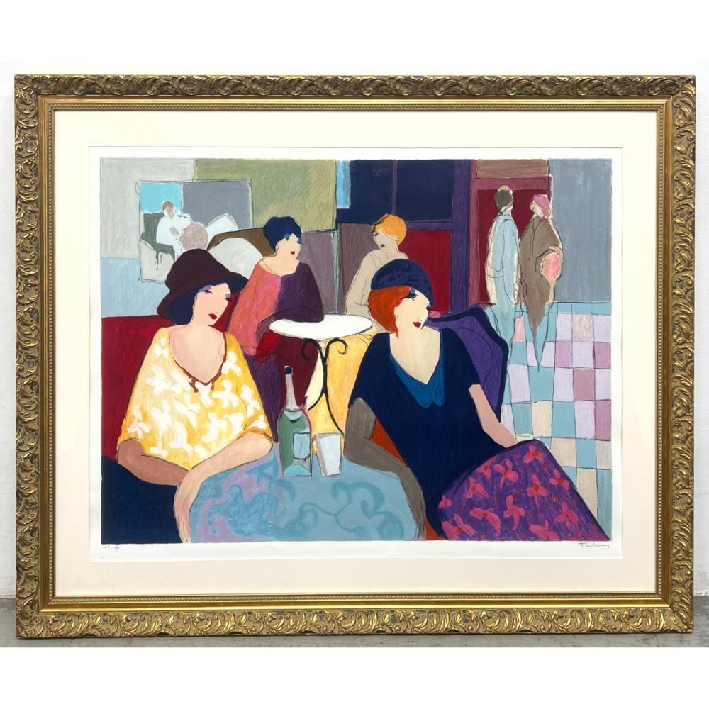 Framed serigraph print showing several seated women in bright dresses and a blue checkered floor, with other figures in the background.