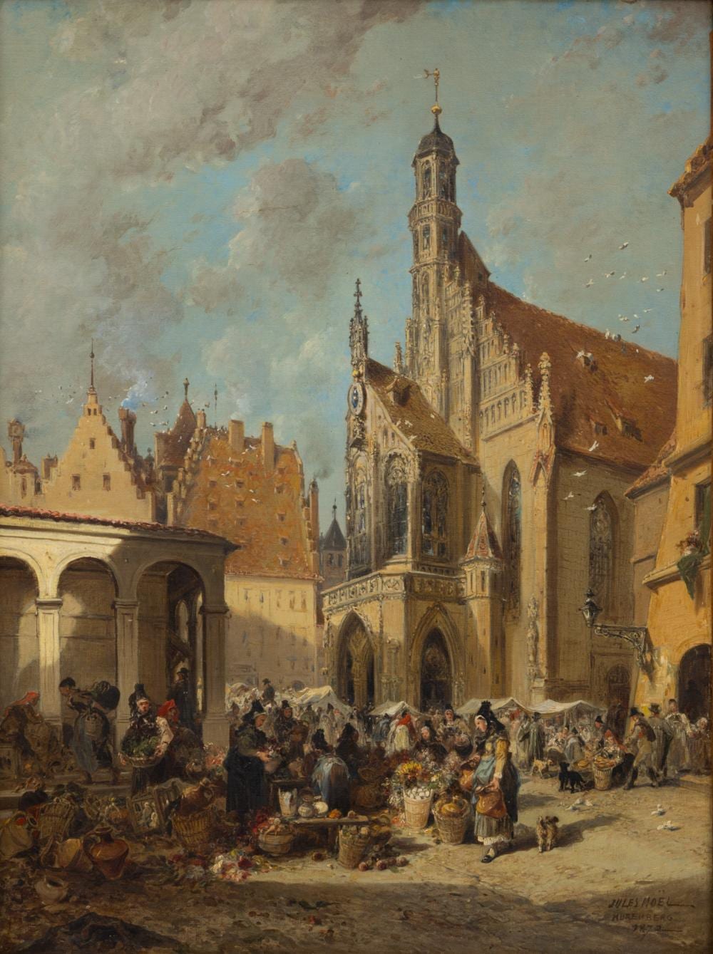 Jules Achille Noël comparable auction result: jules achille no l french 1815 1881 oil on canvas 1872 market day nuremberg germany h 25 5 w 19 frame size h 24 25 w 28