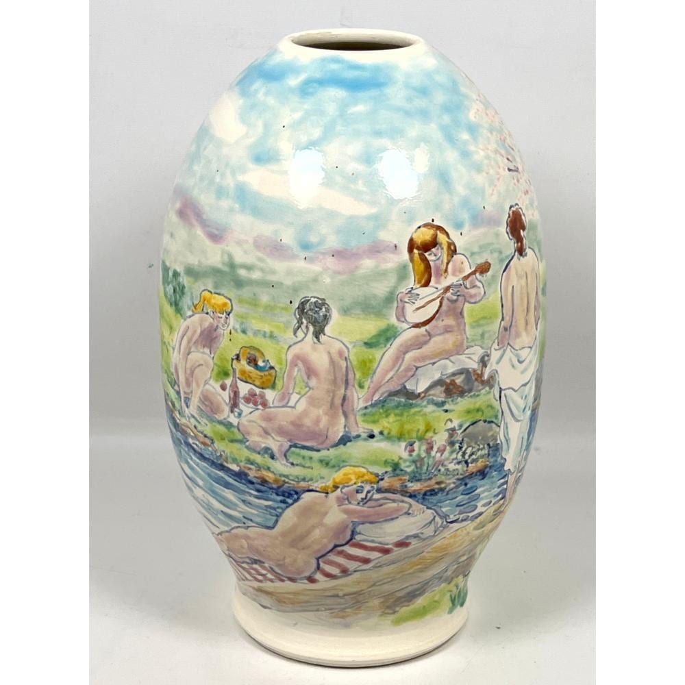 Francis McCarthy comparable auction result: francis mccarthy 2000 hand painted pottery vase swimmers painted vessel canceled check for 2100