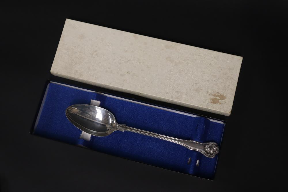 Auction comp thumbnail for Large antique hallmarked sterling silver basting spoon, London 1846-47, approx 150 grams & 28cm L (Vickers & Hoad, Lot 1078)