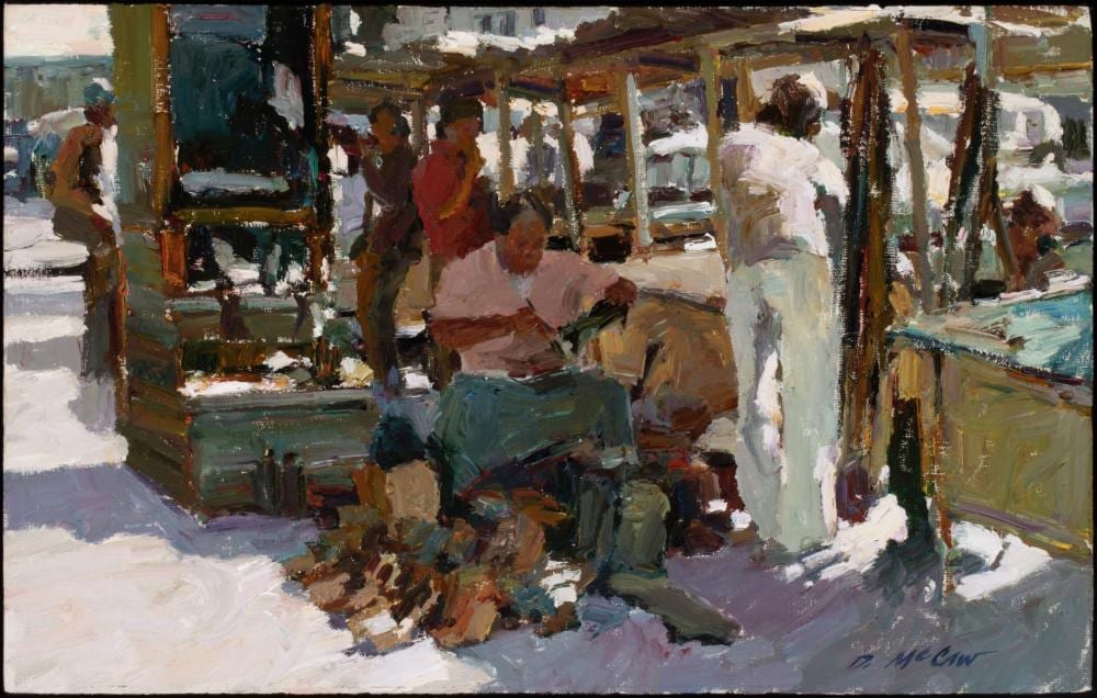 Dan McCaw comparable auction result: dan mccaw born 1942 open air market oil on masonite