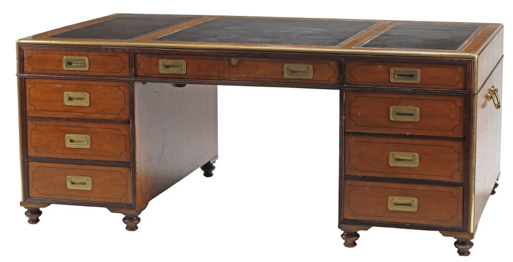 LARGE BAKER FURNITURE BRASS-BOUND LEATHER-TOP PARTNER'S DESK sold by Austin Auction Gallery, lot 3337 — auction record photograph