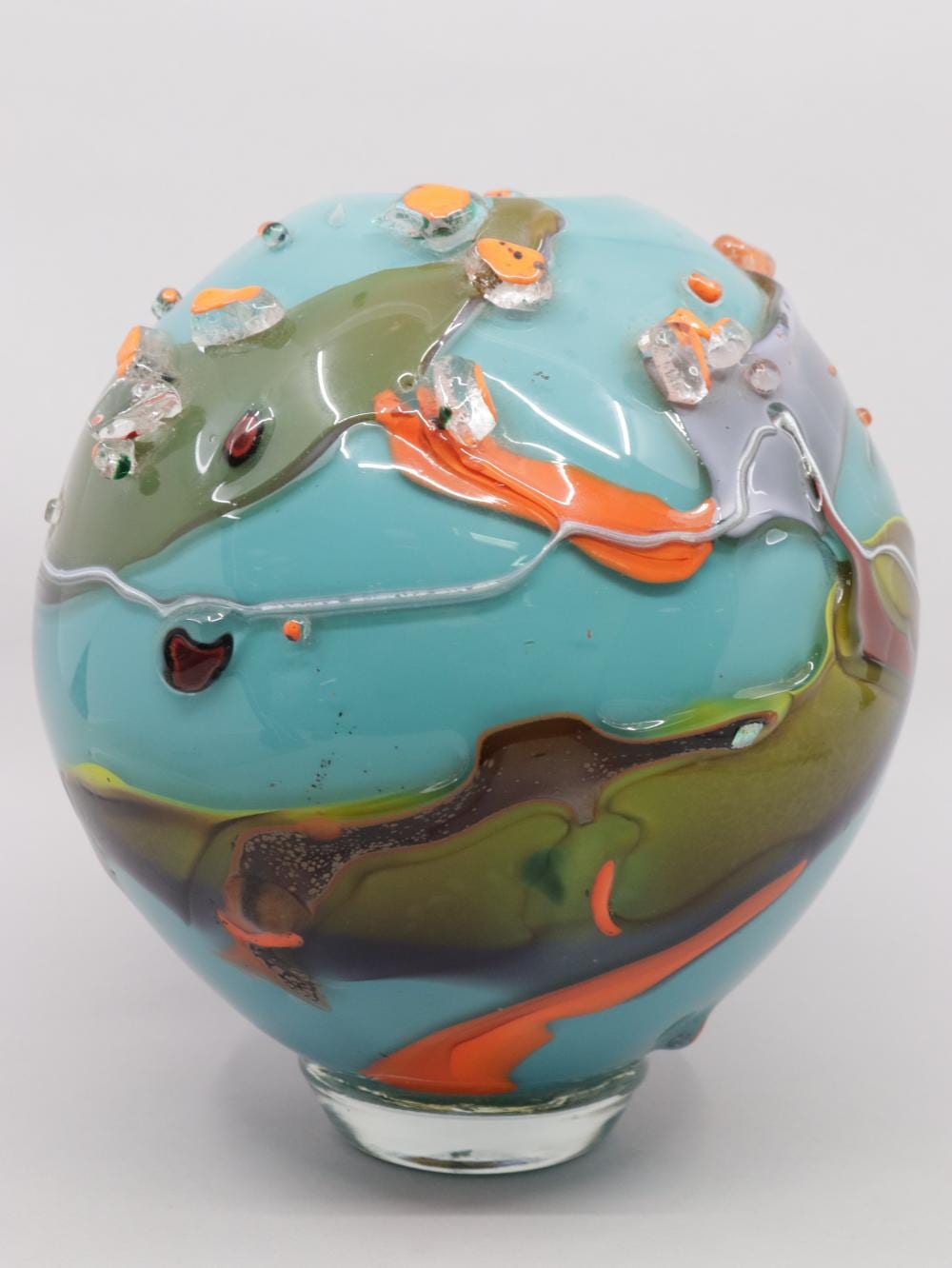 Don Wreford comparable auction result: don wreford australian art glass multi coloured globular vase in teal with orange flashes and various aventurine features signed to base don wreford 2000 approx 18cm high