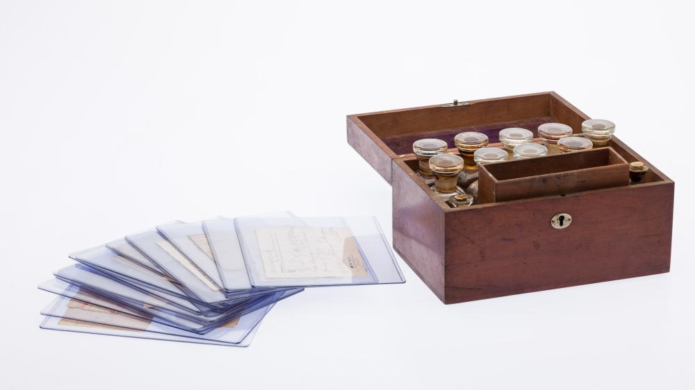 Auction comp thumbnail for Mahogany Apothecary Box w Labeled Bottles, c. 1860s (Everard Auctions and Appraisals, Lot 968)