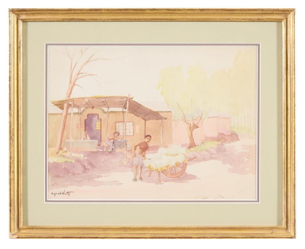 Alfred Hutty comparable auction result: alfred hutty american 1877 1954 raking hay sight h 10 in w 13 1 2 in framed h 15 in w 18 5 8 in