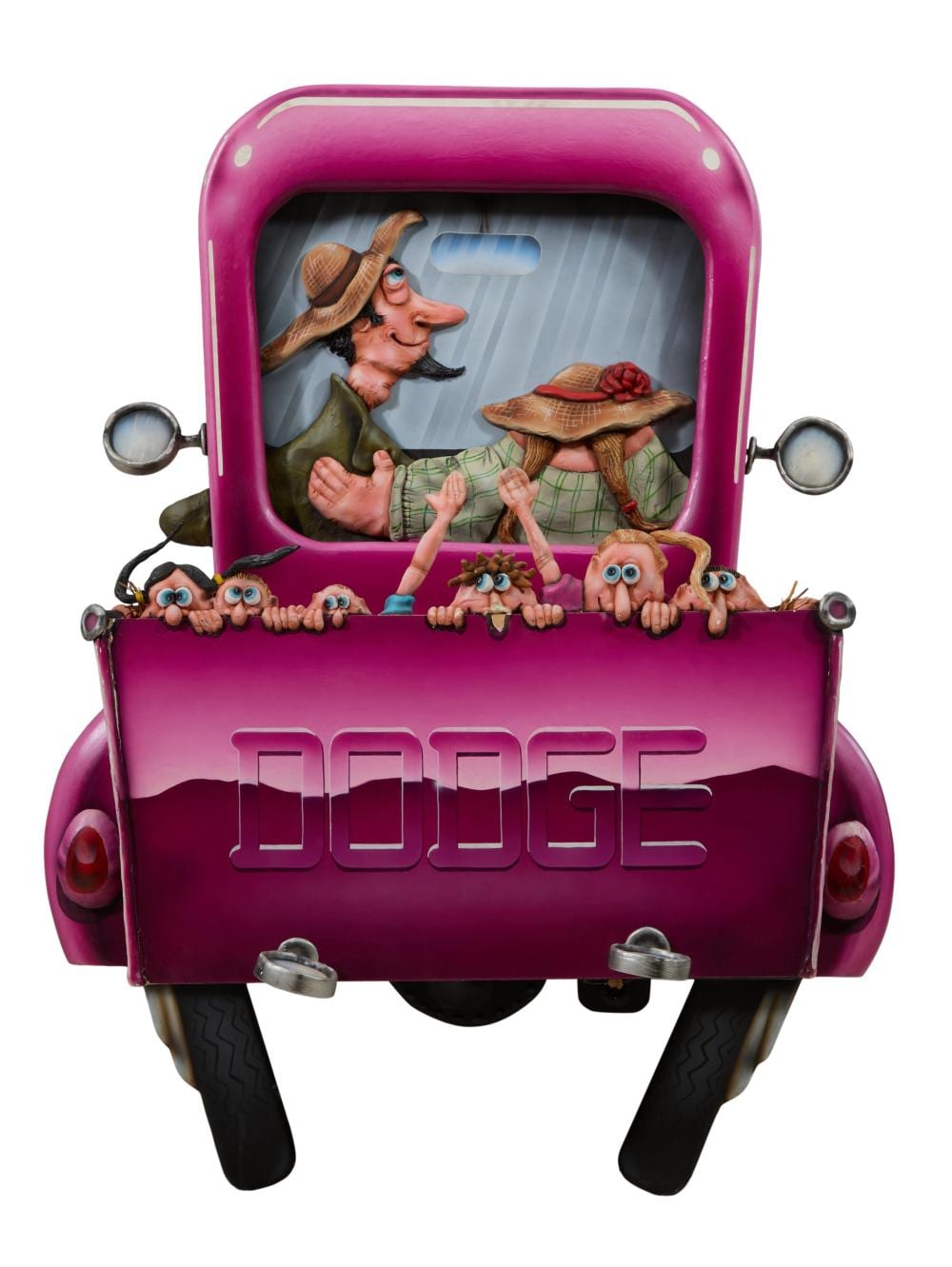 Todd Warner comparable auction result: todd warner american texas 1945 2022 farmer family in an old fuchsia dodge pickup h 60 in w 45 in d 10 in