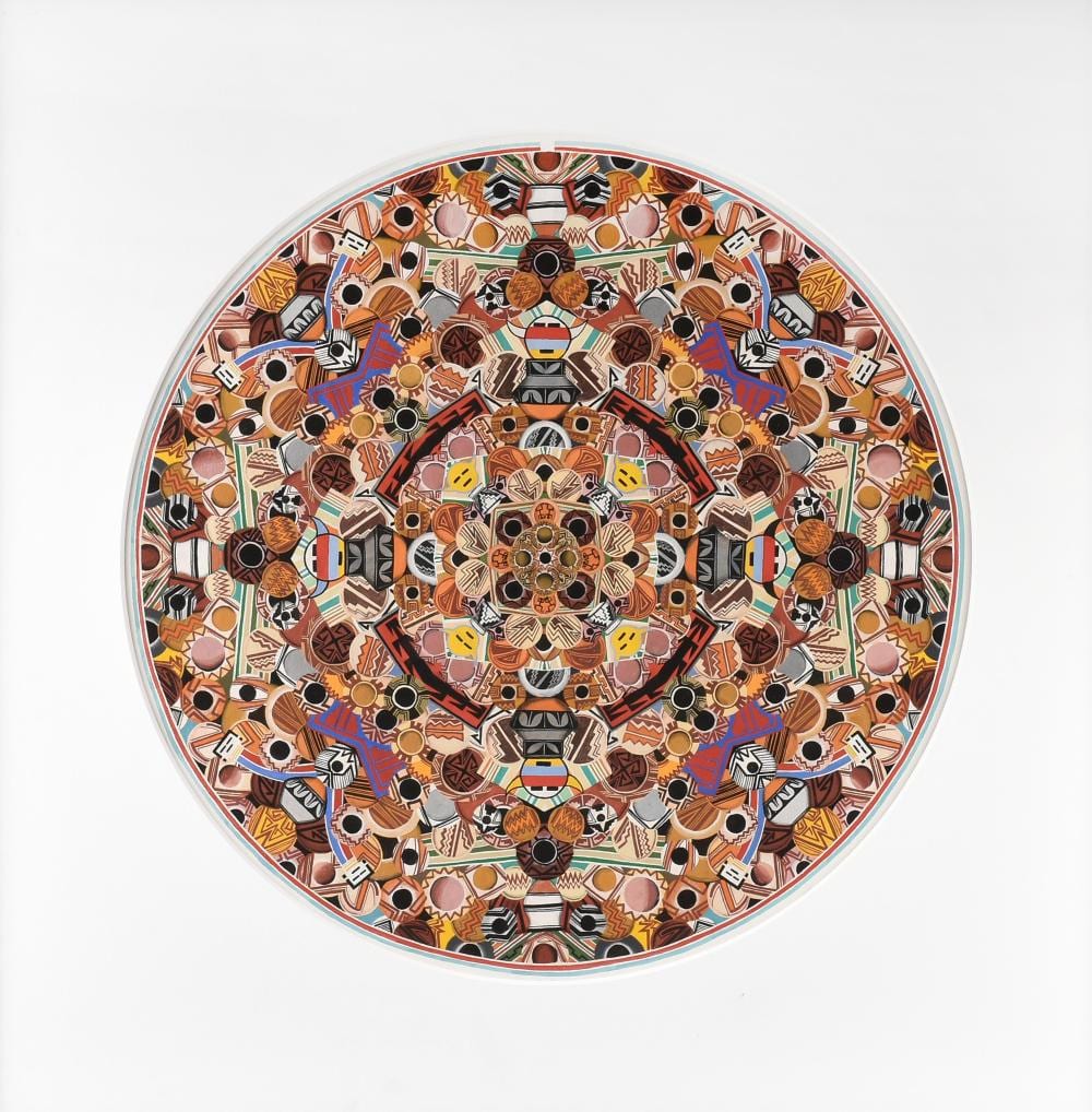 Douglas Johnson comparable auction result: douglas johnson american b 1946 pueblo pottery 1971 26 1 2 x 26 1 2 in 67 3 x 67 3 cm frame 37 x 37 in 94 x 94 cm