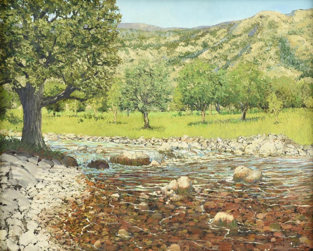 Jerry Greenberg comparable auction result: jerry greenberg american texas b 1946 river trees and hills 21st century 24 x 30 in 61 x 76 2 cm frame 25 3 4 x 31 3 4 in 65 4 x 80 6 cm