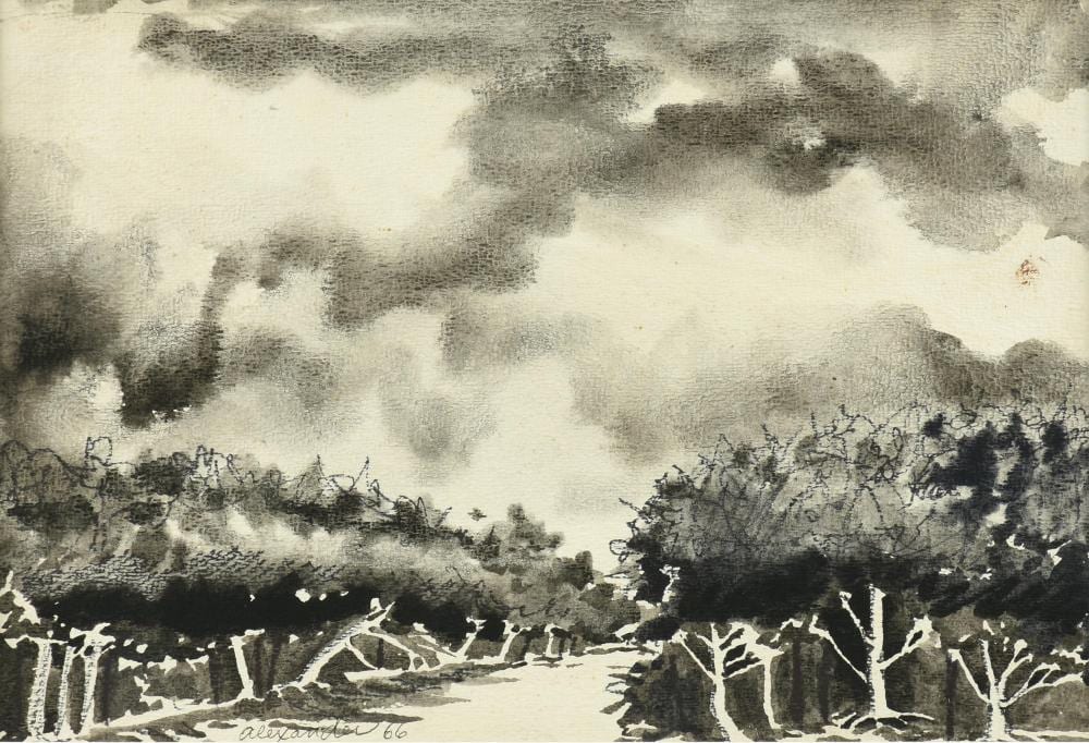 John Alexander Noble comparable auction result: john alexander american texas b 1945 path with trees and clouds untitled 1966 9 1 2 x 14 in 24 1 x 35 6 cm frame 16 1 4 x 20 1 4 in 41 3 x 51 4 cm
