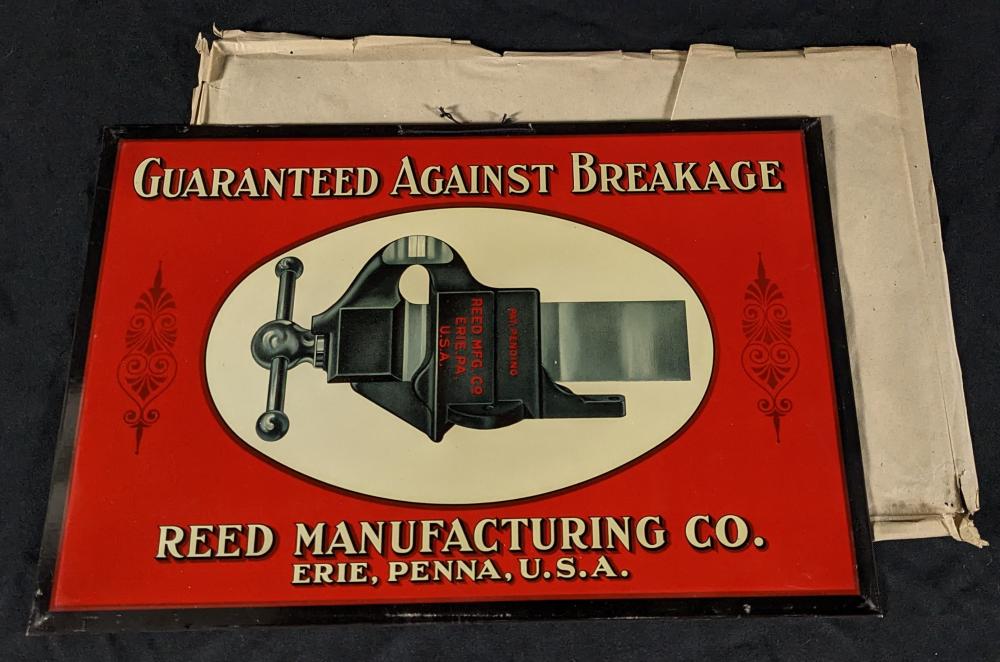 NOS TOC TIN SIGN RED MANUFACTURING CO ERIE PENNSYLVANIA BENCH VISE TOOL sold by Millers Auction Co., lot 951 — auction record photograph