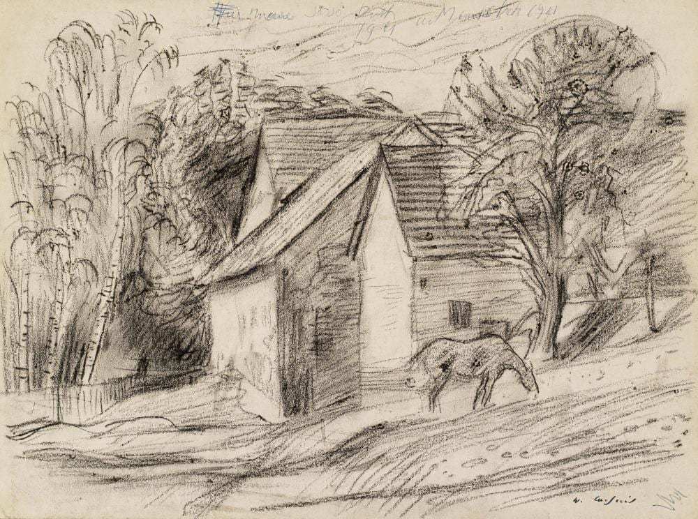Wilhelm Lachnit comparable auction result: wilhelm lachnit bauerngeh ft mit grasendem pferd 1961