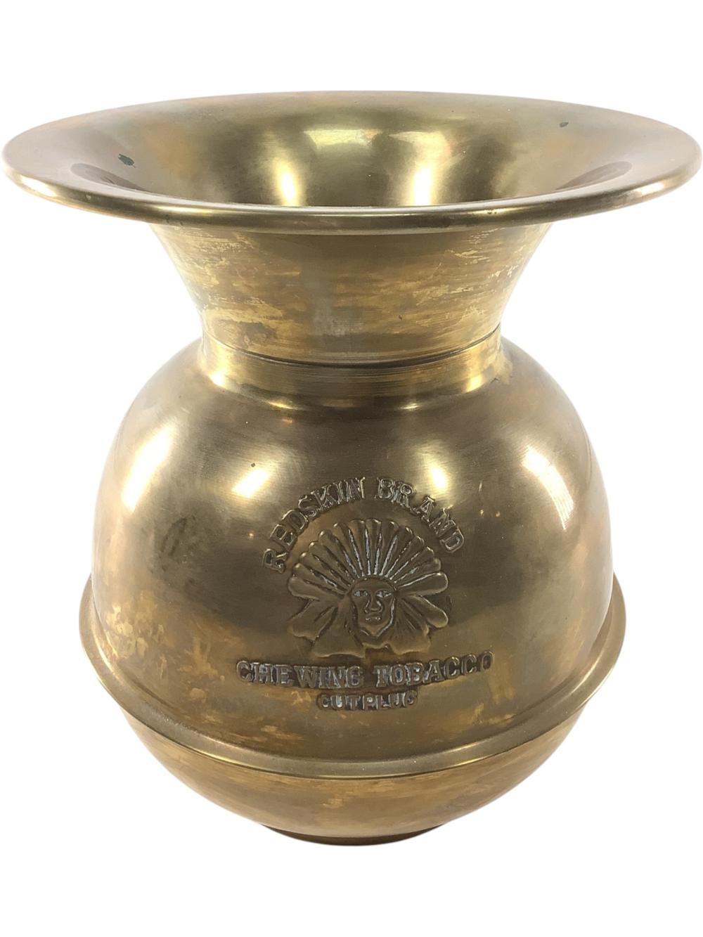 Brass spittoon with flared top and embossed logo text on front, photographed against a white background.