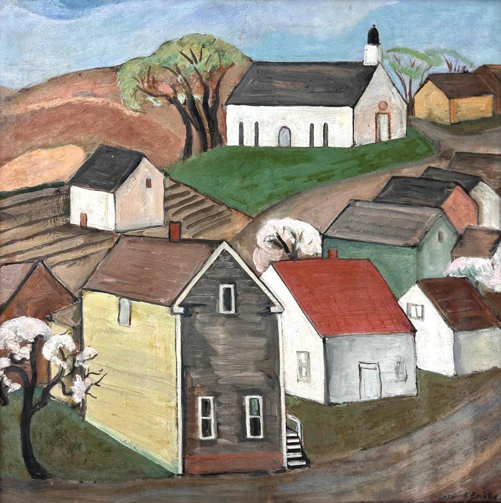 Lucy L'Engle comparable auction result: lucy l engle 1889 1978 spring landscape pond village truro 1934 oil on panel 22 x 22 23 x 23 framed
