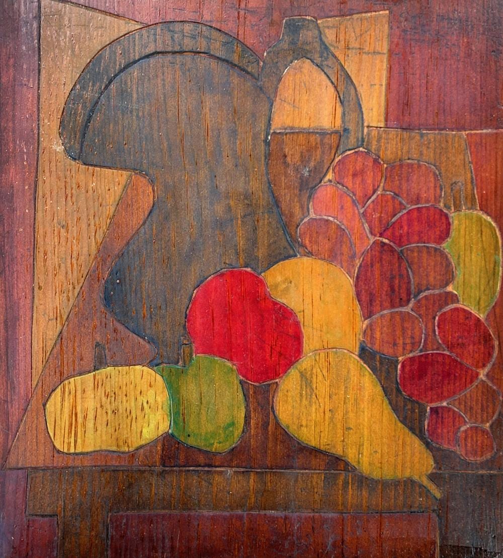 Agnes Weinrich comparable auction result: agnes weinrich 1873 1946 pitcher and fruit c 1920 wood printing block 12 x 11