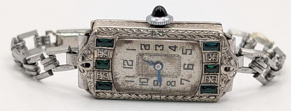 Ladies Art Deco Bulova 14k White Gold & Emerald Watch sold by Kraft Auction Service, lot 18 — auction record photograph