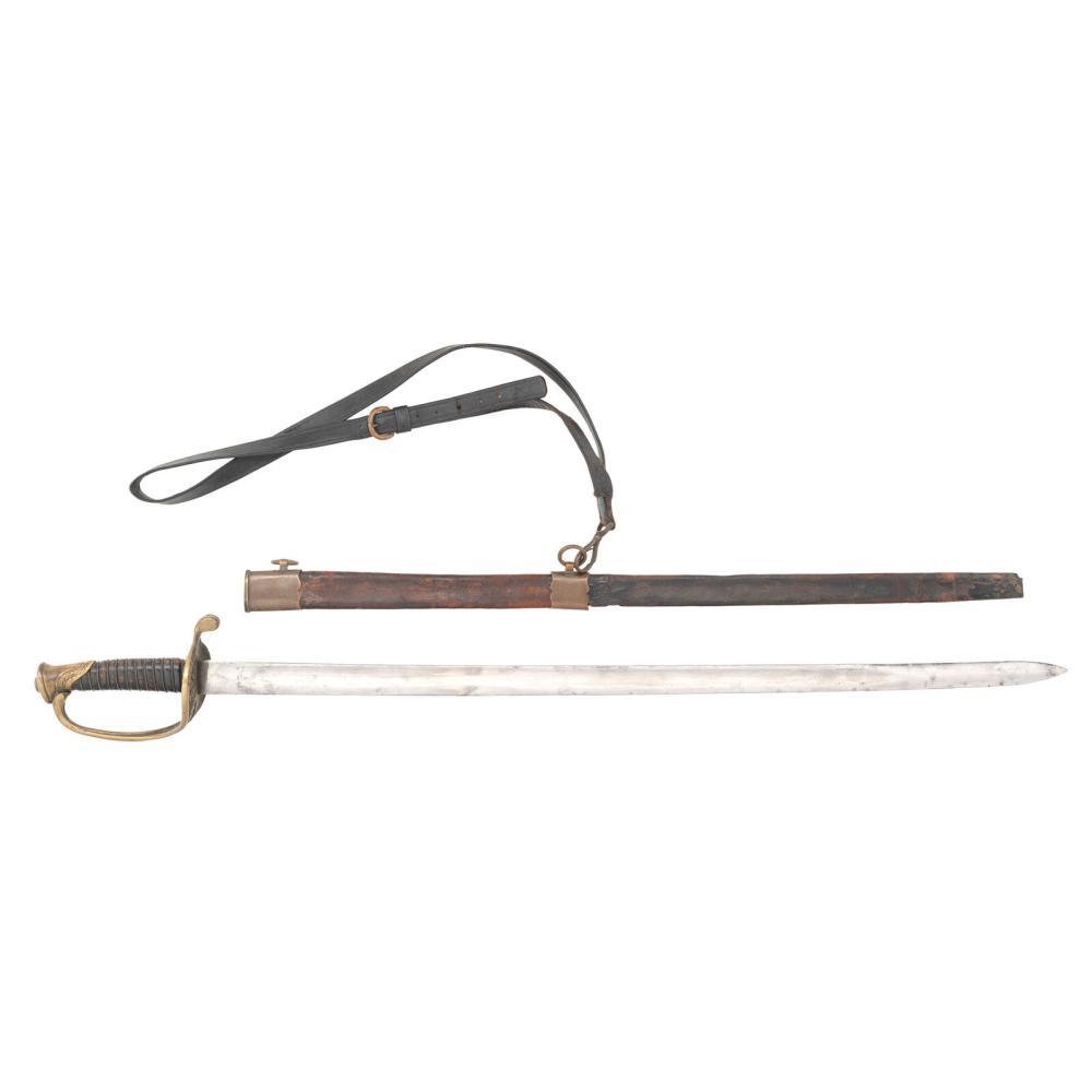 Officer’s sword with a silver blade and dark wooden grip, shown with a black strap and brass guard on a white background.