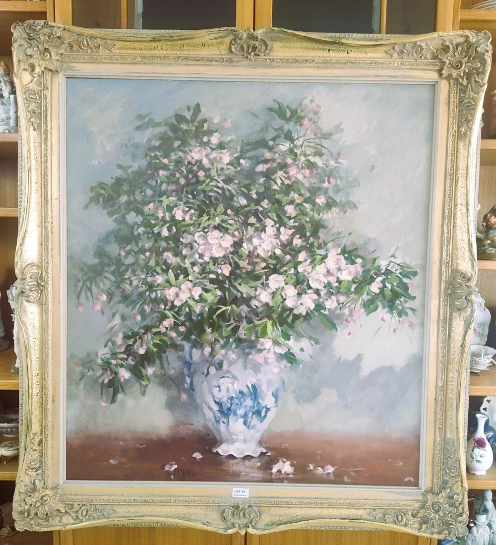 carole milton pink peonies in blue and white vase superb gallery size oil painting on canvas signed lower right 90cm x 60cm · Phillip Caldwell Auctioneers · 2026-02-15 Carole Milton comparable auction result: carole milton pink peonies in blue and white vase superb gallery size oil painting on canvas signed lower right 90cm x 60cm