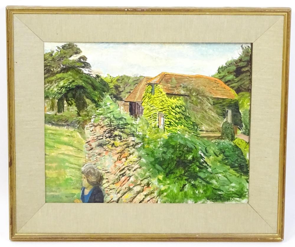 Carel Weight comparable auction result: carel weight 1908 1997 oil on board a woman in a cottage garden with barns beyond signed lower