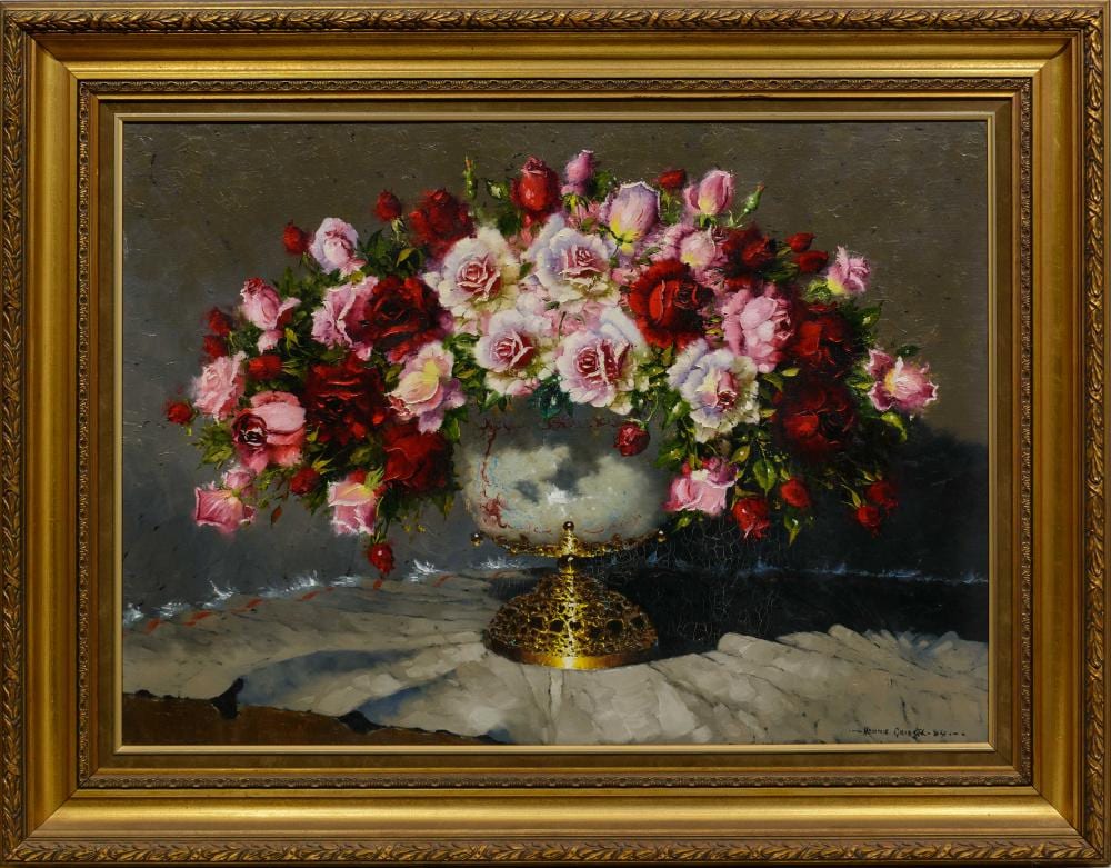 hennie griesel sa 1931 2015 oil still life roses in a porcelain gilt vase signed dated 84 65 x 90 · 5th Avenue Auctioneers · 2026-02-22 Hennie Griesel comparable auction result: hennie griesel sa 1931 2015 oil still life roses in a porcelain gilt vase signed dated 84 65 x 90