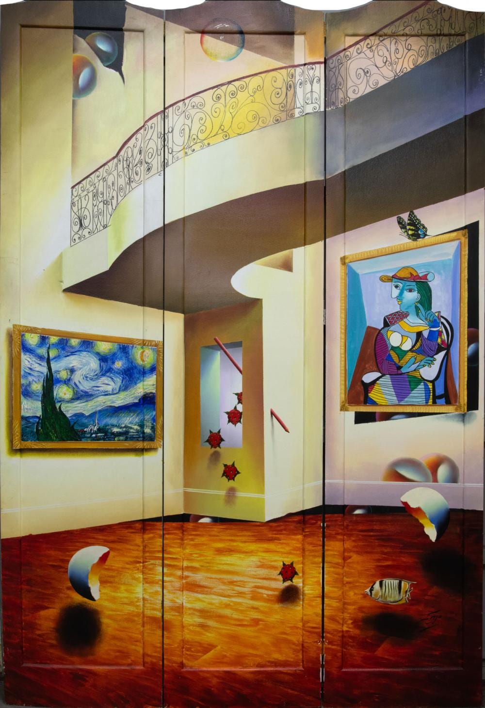 Fernando "de" Jesus Oliveira comparable auction result: ferjo fernando de jesus oliveira surreal interior double sided three panel screen