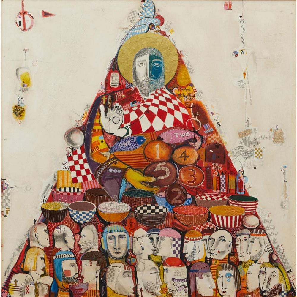 ken reinhard born 1936 five barley loaves and two small fishes 1964 mixed media on board 136 x 135 5cm 140 x 140cm framed · Leonard Joel · 2026-03-03 Ken Reinhard comparable auction result: ken reinhard born 1936 five barley loaves and two small fishes 1964 mixed media on board 136 x 135 5cm 140 x 140cm framed