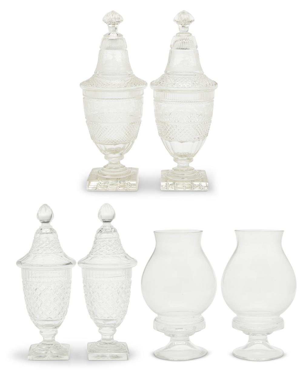 A group of Continental glass jars and hurricane lamps sold by John Moran Auctioneers, lot 432 — auction record photograph