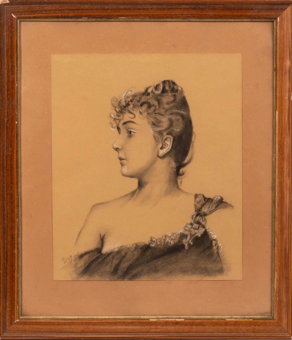 Elizabeth Daney Lochrie comparable auction result: eliza retrato de figura feminina desenho a carv o sobre papel dim aprox 36 x 30 cm