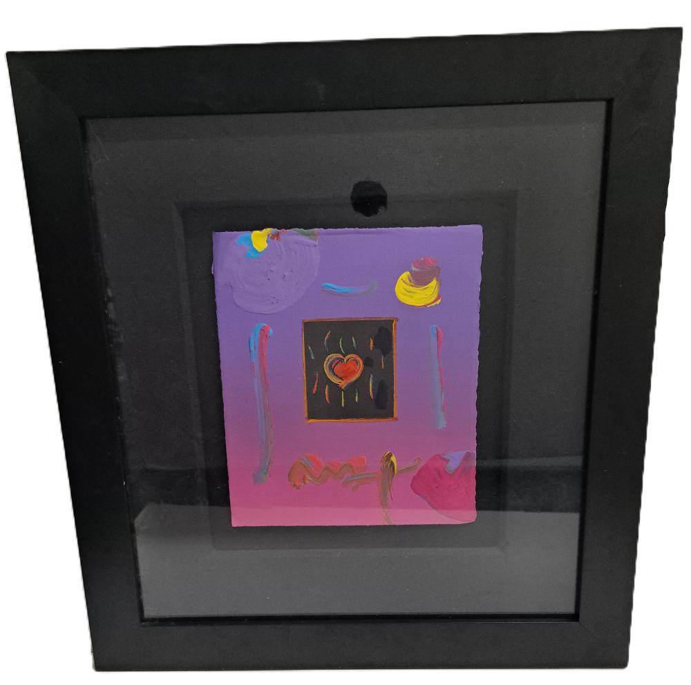Framed abstract painting with a red heart in a dark square on a purple and pink ground.