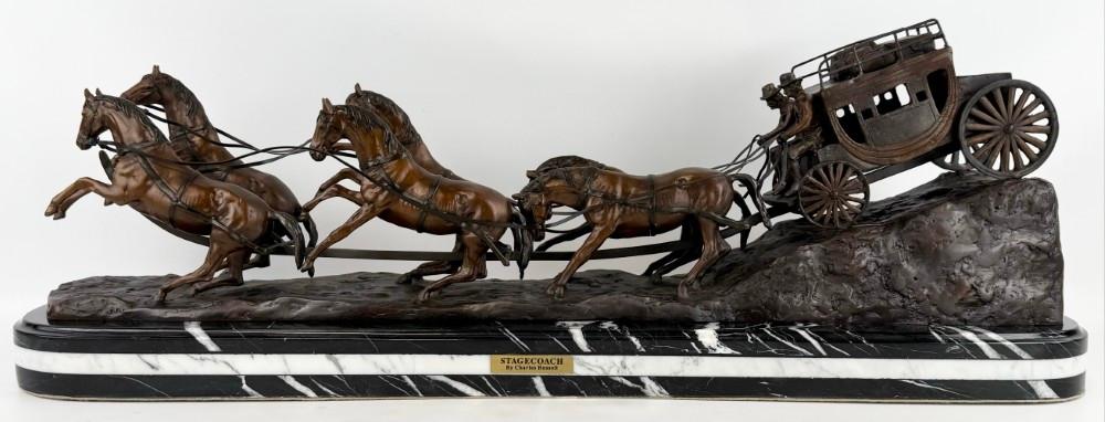 Charles Russell comparable auction result: large stagecoach bronze sculpture after charles russell