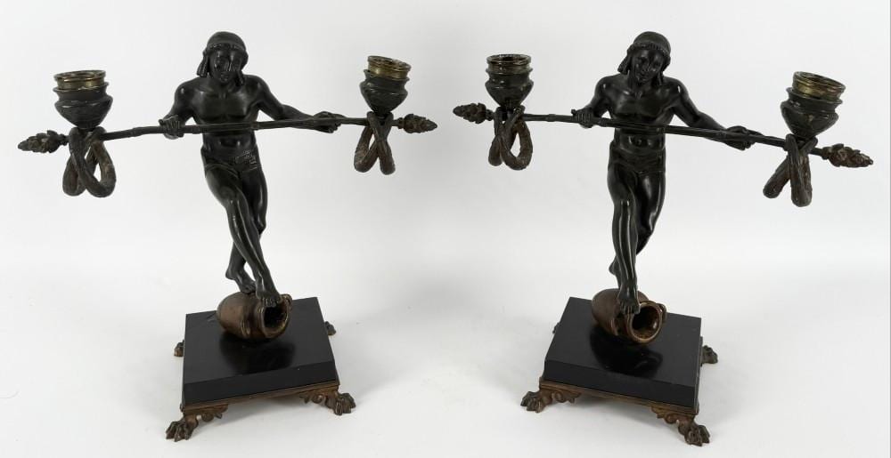 pair of antique bronze figural 2 light candleholders by emile carlier · Kraft Auction Service · 2026-02-28 Emile Carlier comparable auction result: pair of antique bronze figural 2 light candleholders by emile carlier