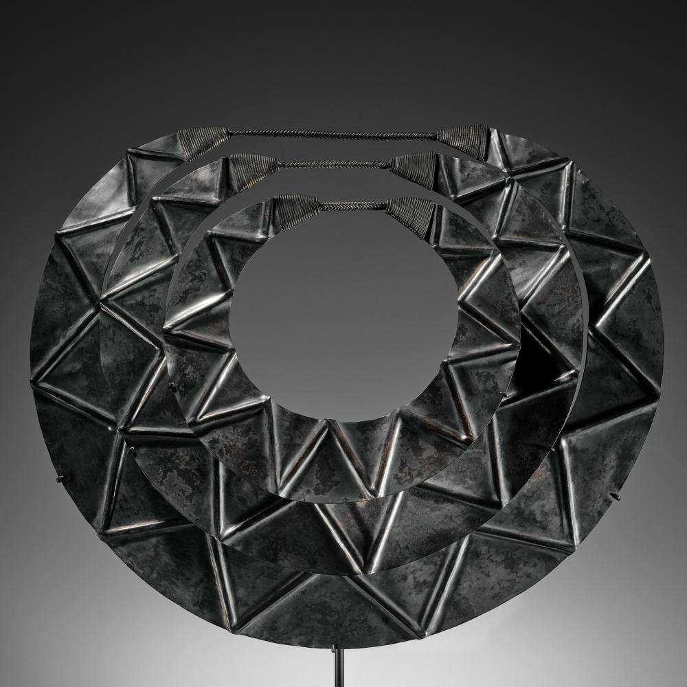 A MASSIVE AND IMPORTANT THREE-TIERED SILVER NECK ORNAMENT, MIAO PEOPLE sold by Galerie Zacke, lot 126 — auction record photograph