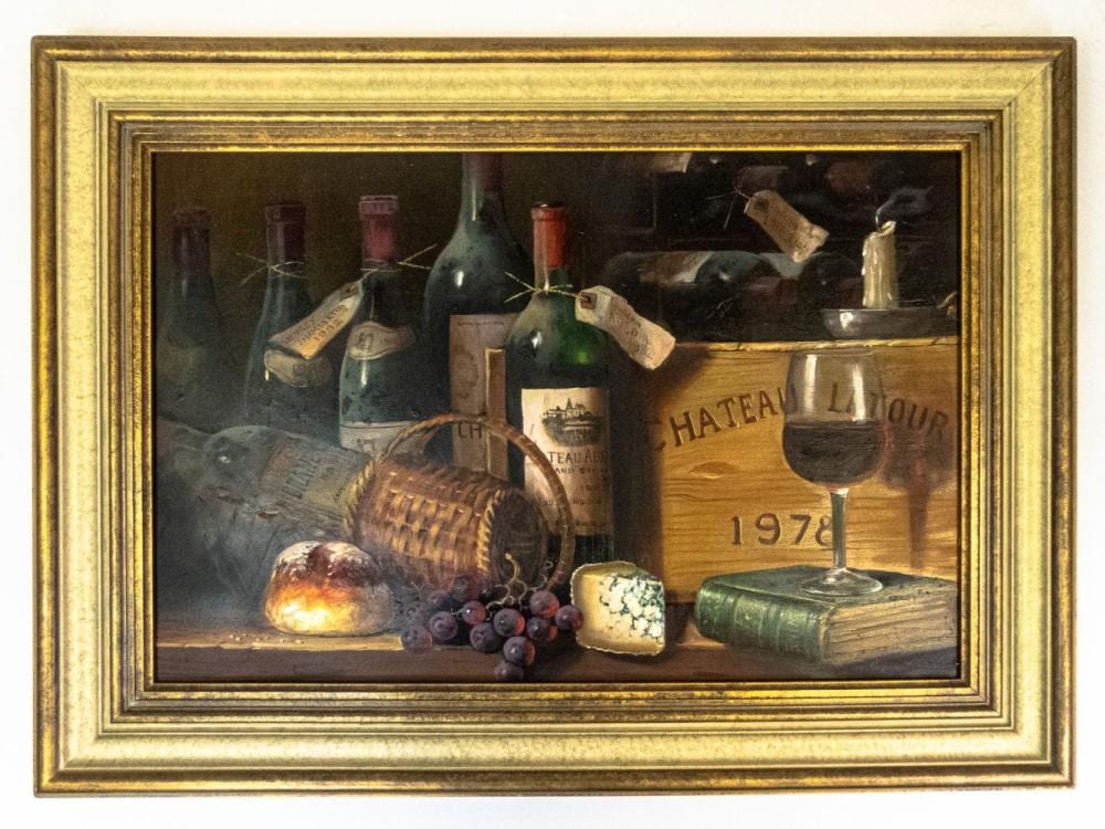 raymond campbell english b 1956 still life depicting several wine bottles cheese and grapes oil on board in gilt frame signed lower right h 39cm x w 59cm · Potteries Auctions · 2026-03-14 Raymond Campbell comparable auction result: raymond campbell english b 1956 still life depicting several wine bottles cheese and grapes oil on board in gilt frame signed lower right h 39cm x w 59cm