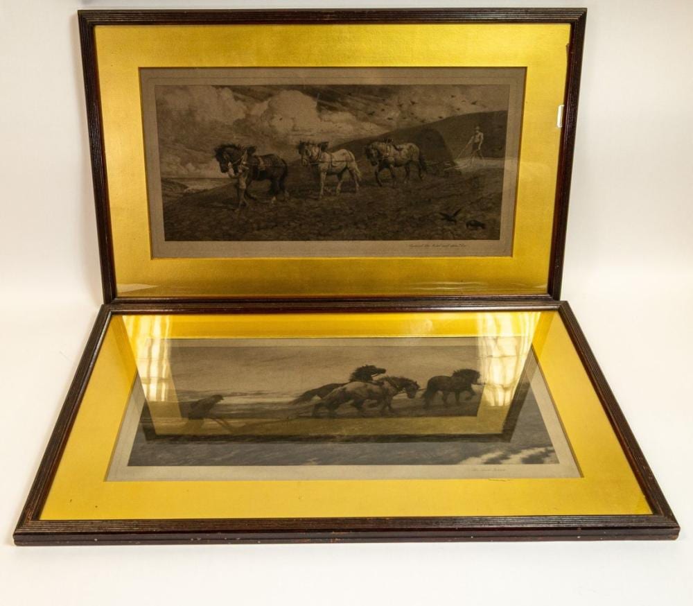 Herbert Thomas Dicksee comparable auction result: herbert thomas dicksee 1862 1942 pair of prints of shire horse scenes the last furrow dated 1905 and against the wind and open sky dated 1899 25 x56cm 2
