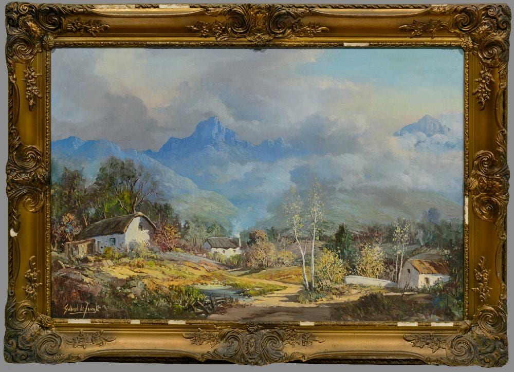 Gabriel DeJongh comparable auction result: gabriel de jongh sa 1913 2004 oil mountain landscape with cape dutch cottages signed 60 x 90