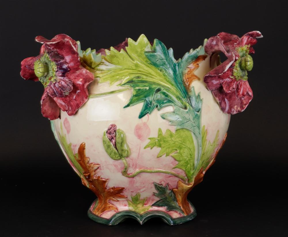 Delphin Massier comparable auction result: delphin massier french 1836 1907 large art nouveau earthenware cachepot beautifully decorated with various plant motifs hairline and rim damage 36 x 45 cm